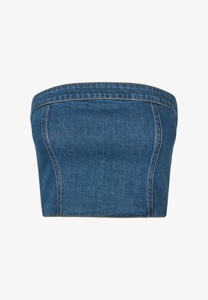 Tumši zila džinsa bezpaklāju blūze ar strukturētu piegriezumu, sānu vīlēm un redzamām šuvēm ap malām papildu detaļām.