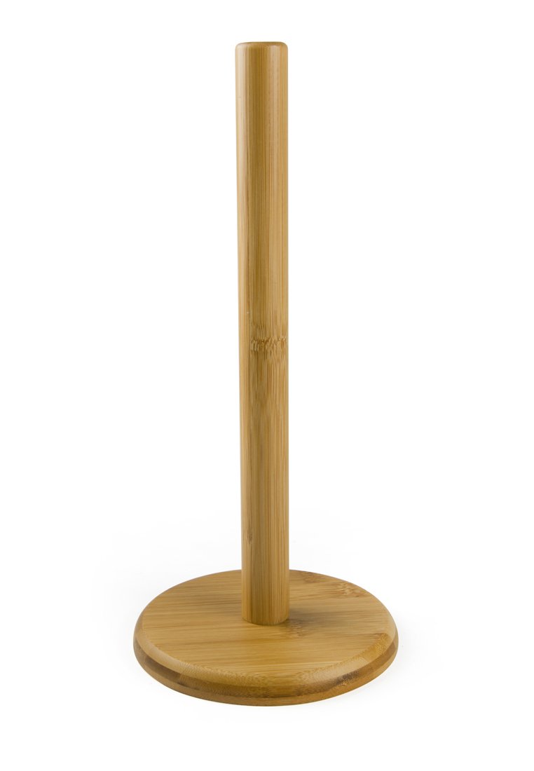 Porta asciugamani in bambù con un palo cilindrico e una base circolare. Texture liscia, colore del legno naturale e design minimalista.