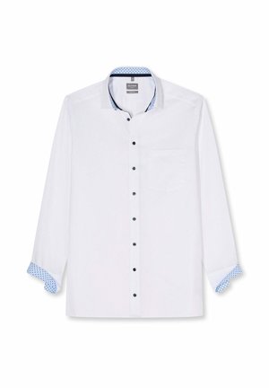 Weißes langärmliges Hemd mit schwarzen Knöpfen, hellblau gemustertem Innenkragen und Manschetten sowie einer linken Brusttasche.