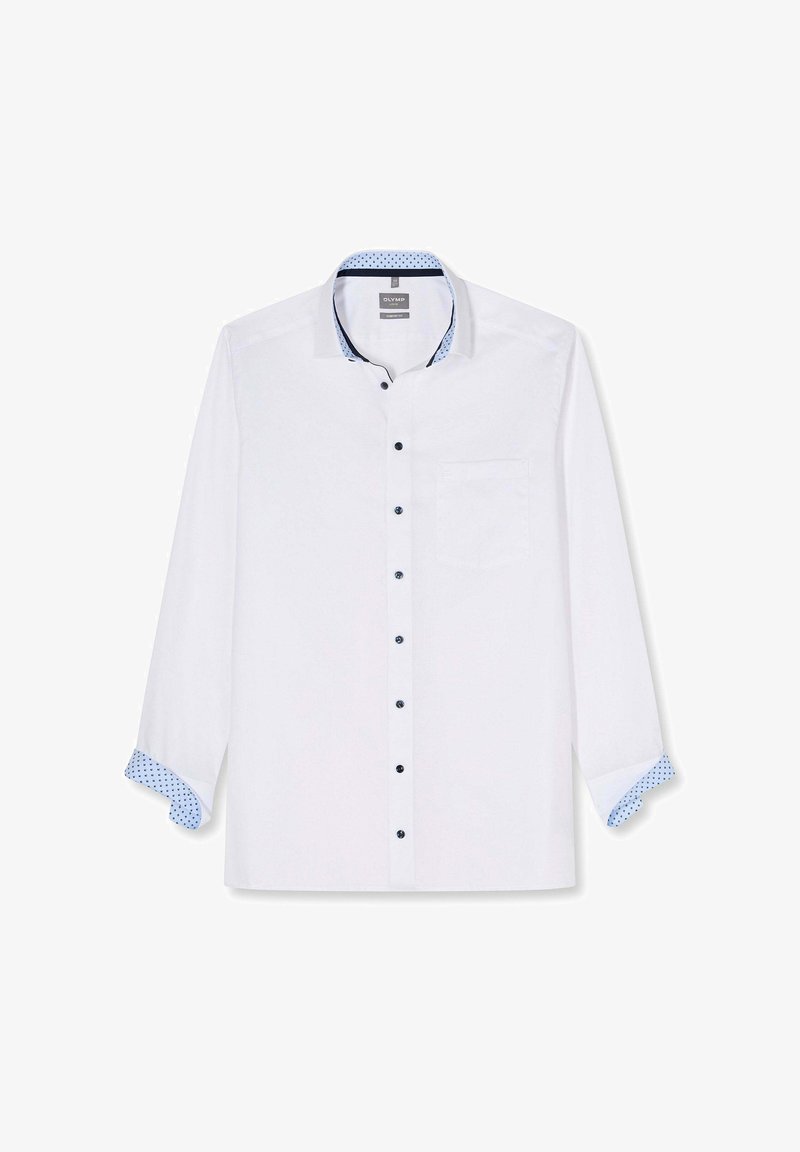 Weißes langärmliges Hemd mit schwarzen Knöpfen, hellblau gemustertem Innenkragen und Manschetten sowie einer linken Brusttasche.