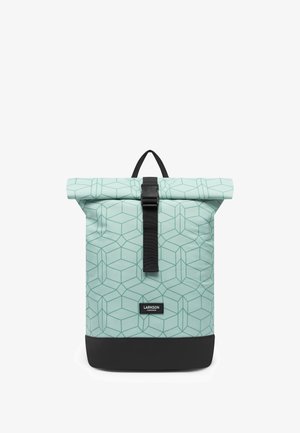 Mentazöld, görgős hátizsák fekete geometrikus kocka mintával, fekete csattal és fekete alappal, "Larkson Hamburg" felirattal.