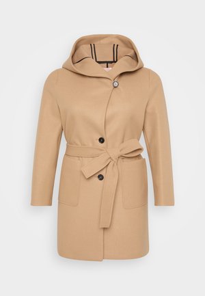 Beige wool blend coat with a hood, belted waist, two front pockets, and a single button closure. Features a black striped lining.