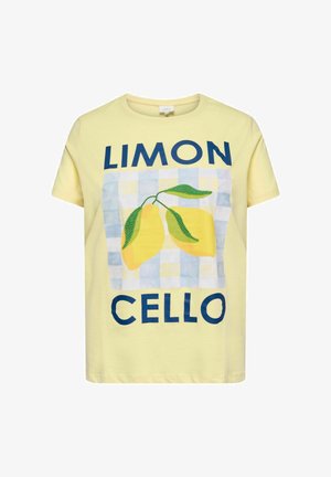 Kollane lühikese varrukaga T-särk, millel on kiri „LIMON CELLO“ ja kaks sidrunit roheliste lehtedega sinisel ja kollasel ruudulisel taustal.