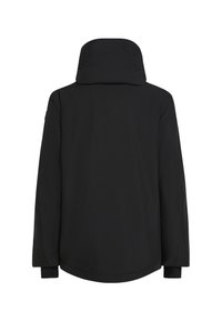 Zwarte, hooded jas met lange mouwen, voorzien van een gladde textuur, ronde onderzoom en vingerloze manchetten. Geen zichtbare hardware of accenten.