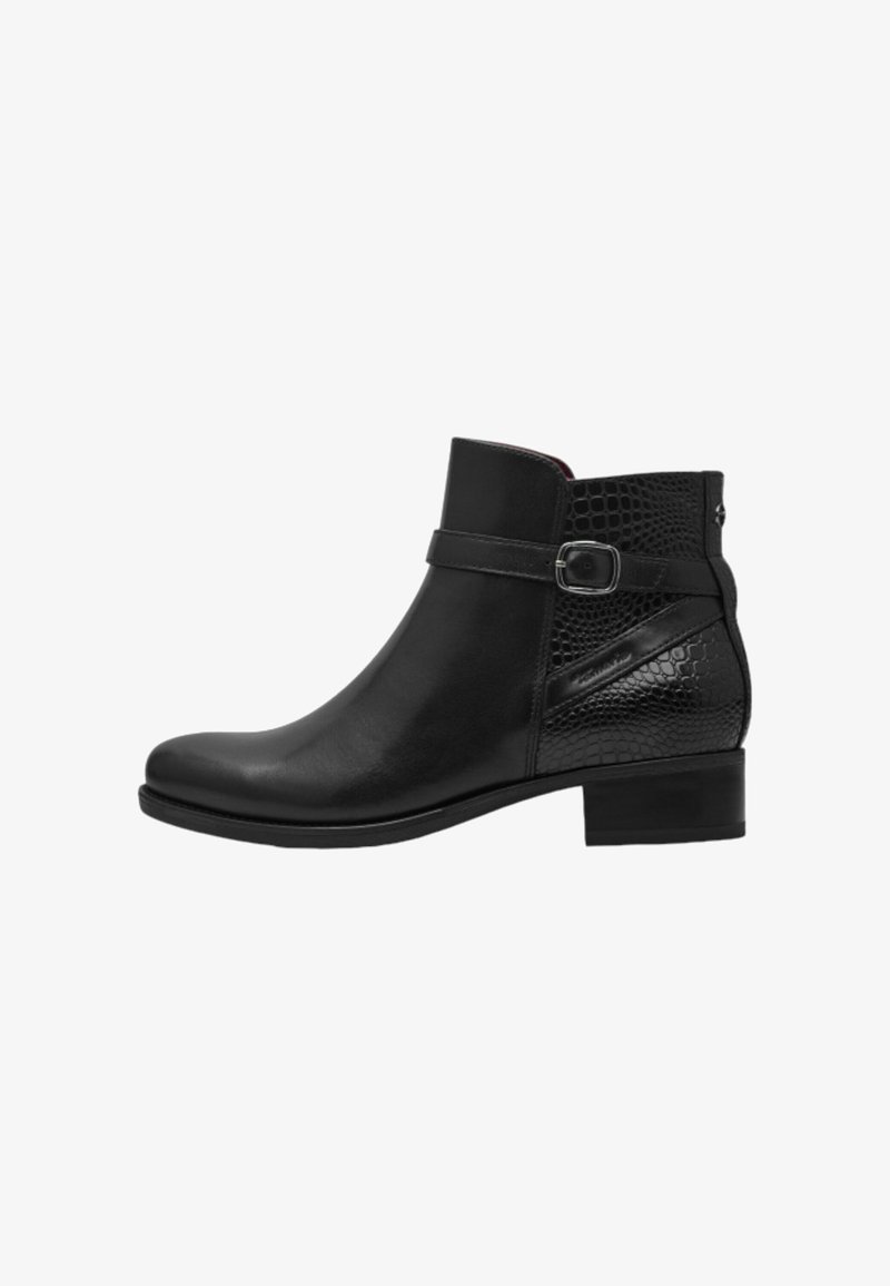 Bottines en cuir noir avec un bout arrondi, panneau en cuir de serpent texturé, sangle ajustable avec boucle, et talon bloc bas.