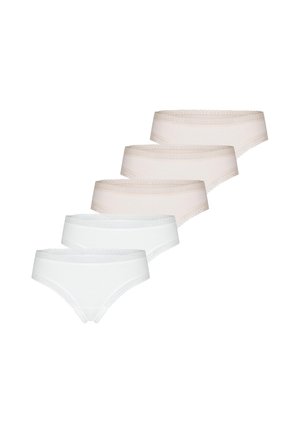 Fem hipster-stil underbukser til kvinder i bløde beige og hvide farver, hver med delikat blonderkant langs linningen og benåbningerne.