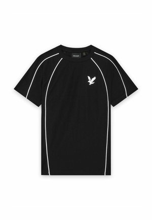 Zwart shirt met korte mouwen en witte bies langs de mouwen en zijkanten, met een klein wit adelaar-logo op de linkerborst.