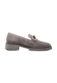 Gray suede loafer with chunky sole and gold circular buckle detail on top, featuring low block heel and stitched seam accents.