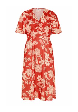 Vestido midi rojo con estampado floral beige, mangas cortas, escote en V y detalle fruncido en la cintura.