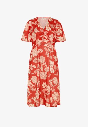 Rotes Midikleid mit beige floralem Muster, kurzen Ärmeln, V-Ausschnitt und gerafftem Taillendetail.