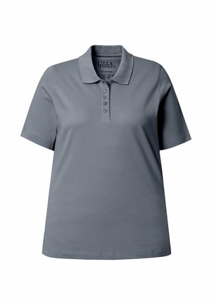 Szara koszulka polo z krótkim rękawem, kołnierzykiem i pięcioma guzikami, oznaczona jako Lilla Popken, przedstawiona na białym tle.
