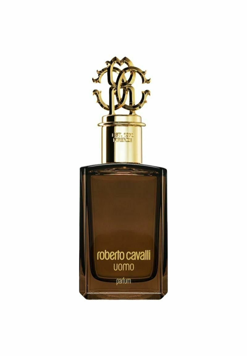 Brun glasparfymflaska med en guldkapsyl med logotyp. Har en fyrkantig form, slät yta och fet stil som visar varumärket och produkten.