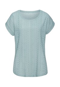 Hellblaues Kurzarm-Oberteil mit strukturiertem Muster, das horizontale Wellen und kleine vertikale Akzente zeigt. Rundhalsausschnitt, lockere Passform.