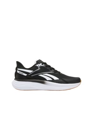 Zapatilla de running Reebok en blanco y negro con parte superior de malla, cierre de cordones y suela blanca acolchada y gruesa, mostrada de perfil sobre fondo blanco.
