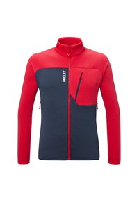 Rote und marineblaue Fleecejacke mit hohem Kragen, durchgehendem Reißverschluss, Reißverschlusstasche auf der Brust und Seitentaschen. Mit kontrastierenden Farbkombinationen.