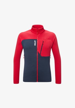 Rote und marineblaue Fleecejacke mit hohem Kragen, durchgehendem Reißverschluss, Reißverschlusstasche auf der Brust und Seitentaschen. Mit kontrastierenden Farbkombinationen.