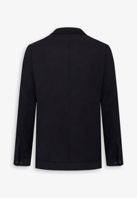 Sort jakke med en tætsiddende pasform, lange ærmer, klapkrave og knaplukninger ved ærmerne. Glat tekstur og minimalistisk rygdetalje.