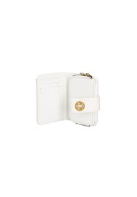 Witte leren portemonnee met een ritsvak voor munten, gouden hardware, meerdere pasjesvakjes en een veilige drukknoopsluiting.