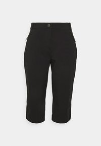 Black capri pants made of lightweight fabric, featuring a flat front, zippered side pockets, and a slightly tapered leg design.