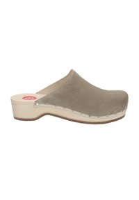 Clogs in soft gray suede with a rounded toe, wooden heel, and silver studs along the sole's edge. Smooth finish, minimalist design.