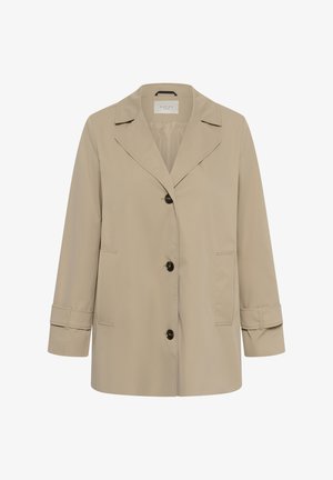 Beige single-breasted women's blazer with notched lapels, three black buttons, flap cuffs, and two front pockets.