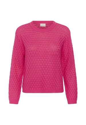 Bright pink knitted long-sleeve sweater with round neck and textured open-weave pattern, ribbed cuffs and hem.