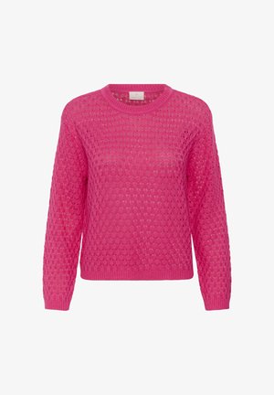 Suéter de punto de manga larga color rosa brillante con cuello redondo y patrón texturizado de tejido abierto, puños y dobladillo acanalados.