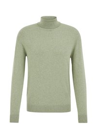 Hellgrüner Longsleeve-Turtleneck-Pullover aus weichem Stoff, mit geripptem Kragen und Bündchen für eine glatte Textur.