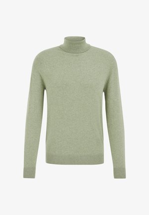 Svijetlozelena turtleneck džemper dugih rukava, izrađen od mekog materijala, s rebrastim ovratnikom i manžetama za glatku teksturu.