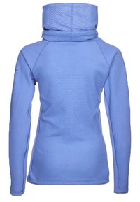 Helle blaue Fleece-Haube mit strukturiertem Muster, hohem Kragen und langen Ärmeln. Glatte Oberfläche mit figurbetontem Design.