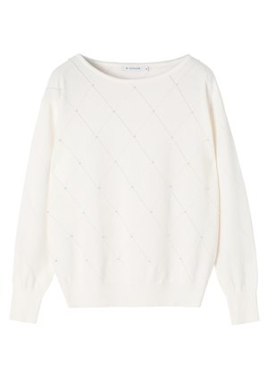 Pulover alb cu un model în diamant, având accente cu mărgele mici, decolteu rotund și mâneci lungi. Material tricotat moale, cu un croi puțin larg.