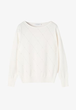 Biały sweter w diamentowy wzór, z małymi akcentami z koralików, okrągłym dekoltem i długimi rękawami. Miękka dzianina z lekko luźnym krojem.
