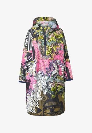 Wasserfester Anorak mit Kapuze. Merkmale ein mehrfarbiges Muster in Pink, Grün und Schwarz. Lockere Passform mit einem Frontreißverschluss und kurzen Ärmeln.