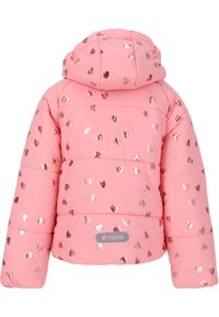 Veste doudoune rose avec capuche, design matelassé et motifs en cœur métallisés rose gold. Comprend un logo "ZIGZAG" gris sur l'ourlet.