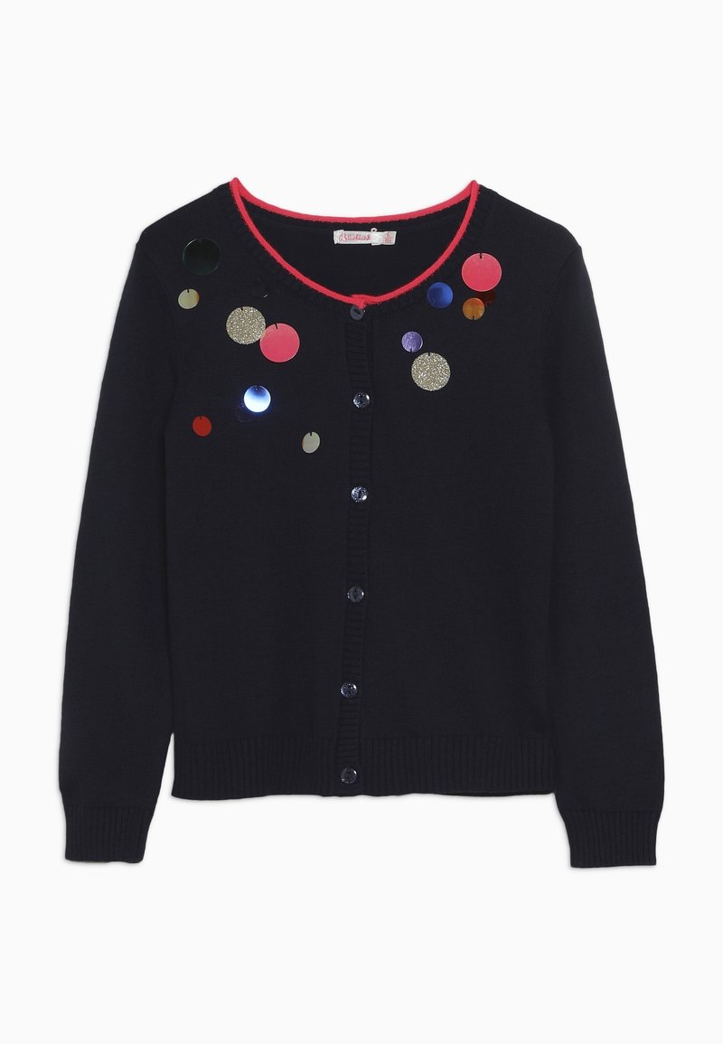Cardigan en tricot bleu marine avec des bordures roses, orné de sequins colorés et de boutons sur le devant, avec des poignets et un ourlet côtelés.