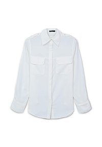 Camicia bianca a maniche lunghe con colletto, chiusura con bottoni, due tasche sul petto, spalline e tessuto morbido.