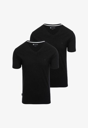 Schwarze V-Ausschnitt-T-Shirts aus weicher Baumwolle, mit kurzen Ärmeln und einem weißen Ausschnitt. Das Paket enthält zwei identische T-Shirts.