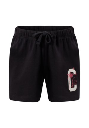 Pantaloncini neri con coulisse, vita elasticizzata e logo "C" stampato con una palma e la scritta "Champion" sulla gamba sinistra.
