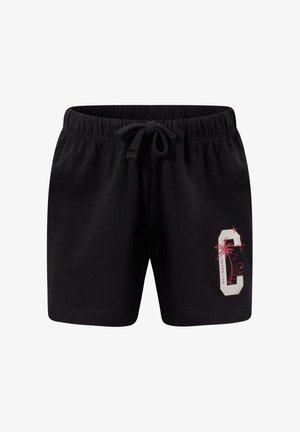 Schwarze Shorts mit Kordelzug, elastischem Bund und gedrucktem "C"-Logo mit einer Palme sowie dem Schriftzug "Champion" am linken Bein.