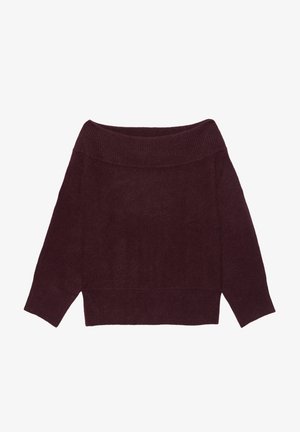 Pulover bordeaux, cu umerii descoperiți, are un guler și manșete texturate, cu o textură moale și o croială lejeră. Design simplu, fără modele.
