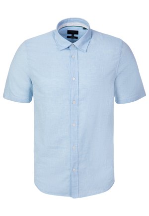 Camicia azzurra a maniche corte con colletto e bottoni frontali, esposta su sfondo bianco.