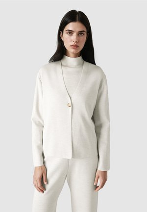 Junge Frau mit langen dunklen Haaren, die einen hellbeigen Rollkragenpullover, eine passende Strickjacke mit einem Knopf und eine Hose vor grauem Hintergrund trägt.