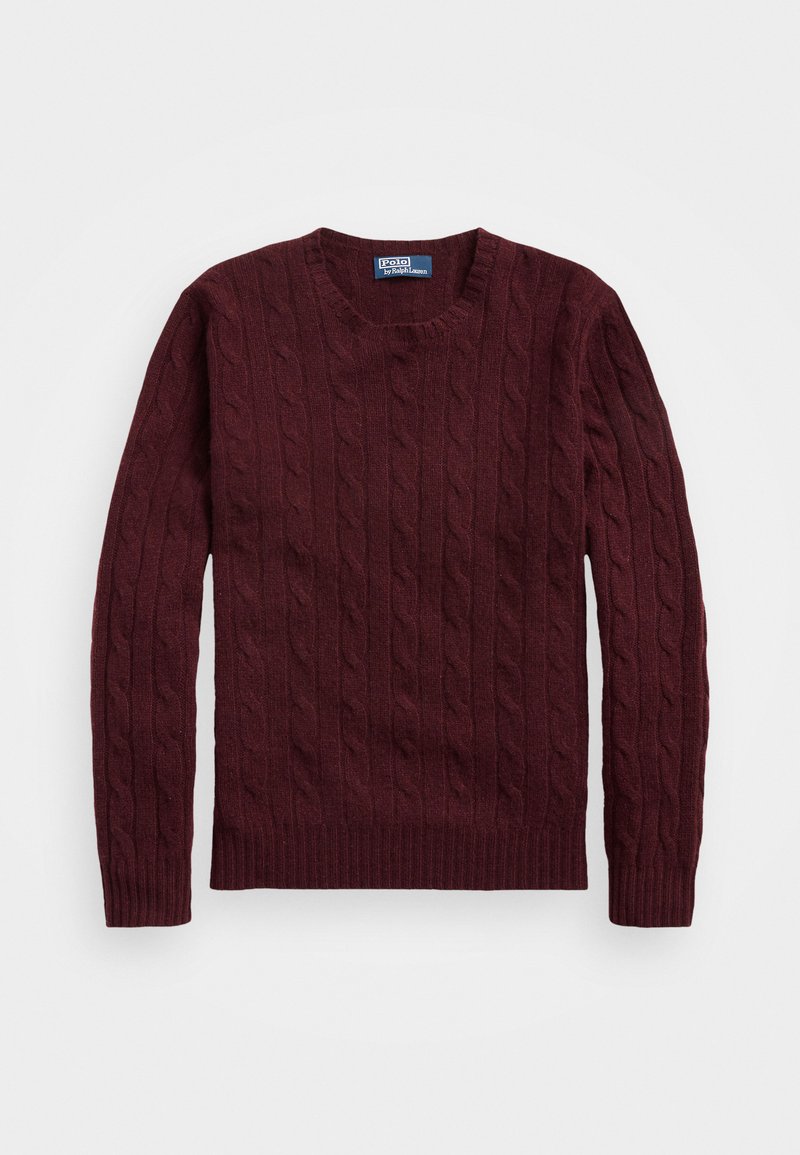 Burgunderfarbener, gestrickter Pullover mit einem Zopfmuster, Rundhalsausschnitt sowie gerippten Bündchen und Saum. Aus einem strukturierten Stoff gefertigt.