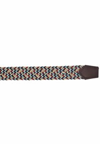 Ceinture tressée avec des brins entrelacés bleu clair, beige, marron et rouge, dotée d'une extrémité en cuir marron foncé.