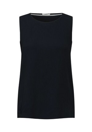 Bluzka bez rękawów z ciemnogranatowej tkaniny o fakturowanej powierzchni, z okrągłym dekoltem i subtelnym przeszyciem wzdłuż brzegu.
