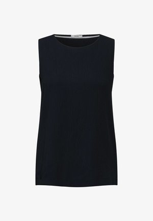Bluzka bez rękawów z ciemnogranatowej tkaniny o fakturowanej powierzchni, z okrągłym dekoltem i subtelnym przeszyciem wzdłuż brzegu.