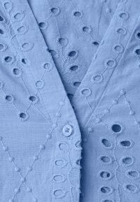 Tissu bleu clair avec des motifs floraux découpés et brodés ainsi qu’un petit bouton rond près de la couture centrale.