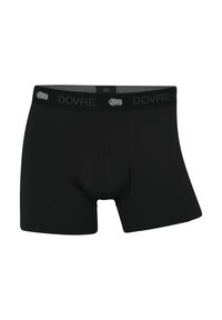 Sorte boxer shorts lavet af et glat stof, der har en komfortabel elastisk livrem med grå "DOVRE"-logo og et grafisk motiv af en bison.