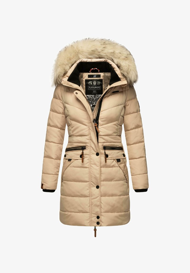 Beige puffer coat with a faux fur hood, zippered pockets, and contrasting black accents. Features a quilted design and adjustable hem.
