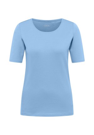 T-shirt da donna a maniche corte, di colore azzurro chiaro, con scollo rotondo, tessuto liscio e taglio aderente.